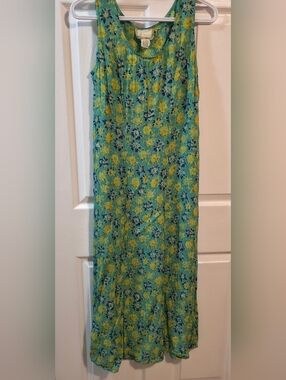 April Cornell Soft Green Maxi Dress with Yellow & Blue Floral Print